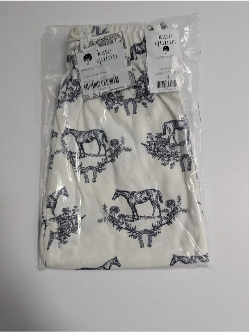 Kate Quinn Organic Cotton Navy Horse Toile Gathered Pants
